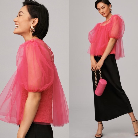 Anthropologie Sheer Puff-Sleeve Top in Pink - Picture 2 of 10